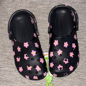 CROCS black with pink flowers